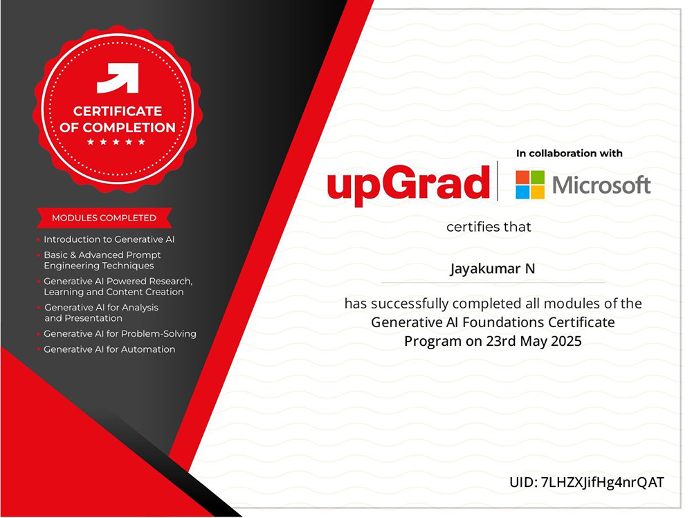 Generative AI Foundations Certificate from UpGrad in collaboration with Microsoft
